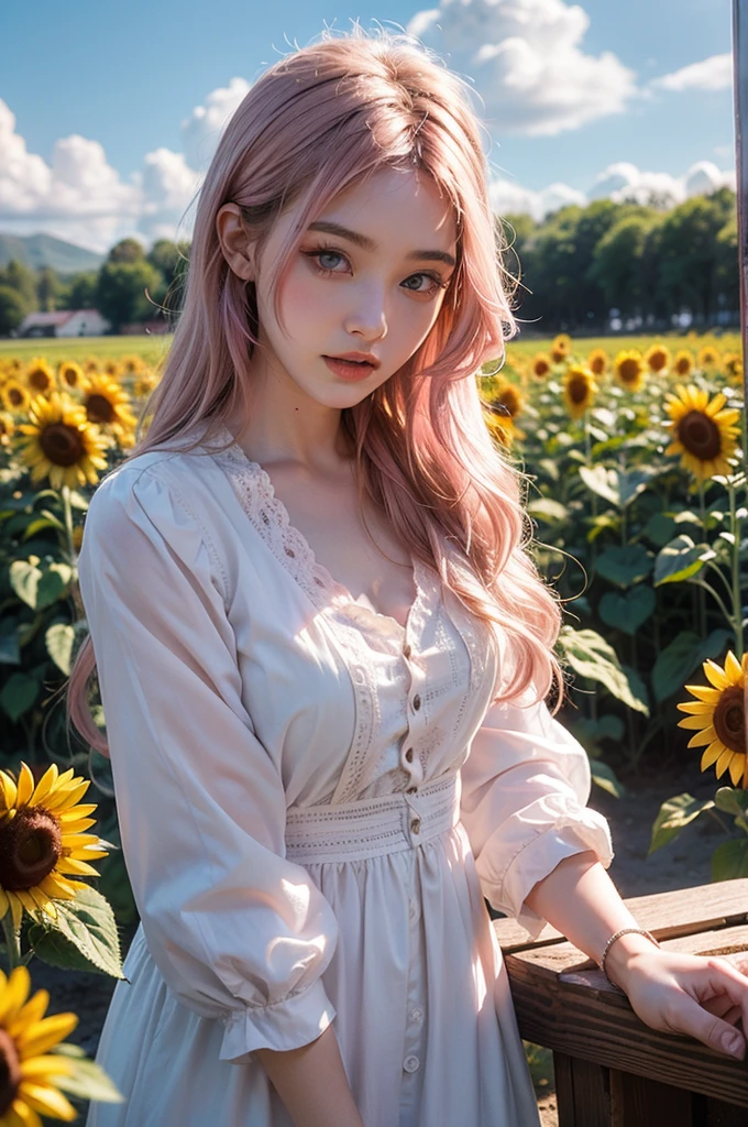 Light pink hair, Pink Eyes, Pink and white, Clouds in the blue sky, Vibrant colors, steampunk, blouse white、Paint splashes, Sunflower field, Wavy long hair、
