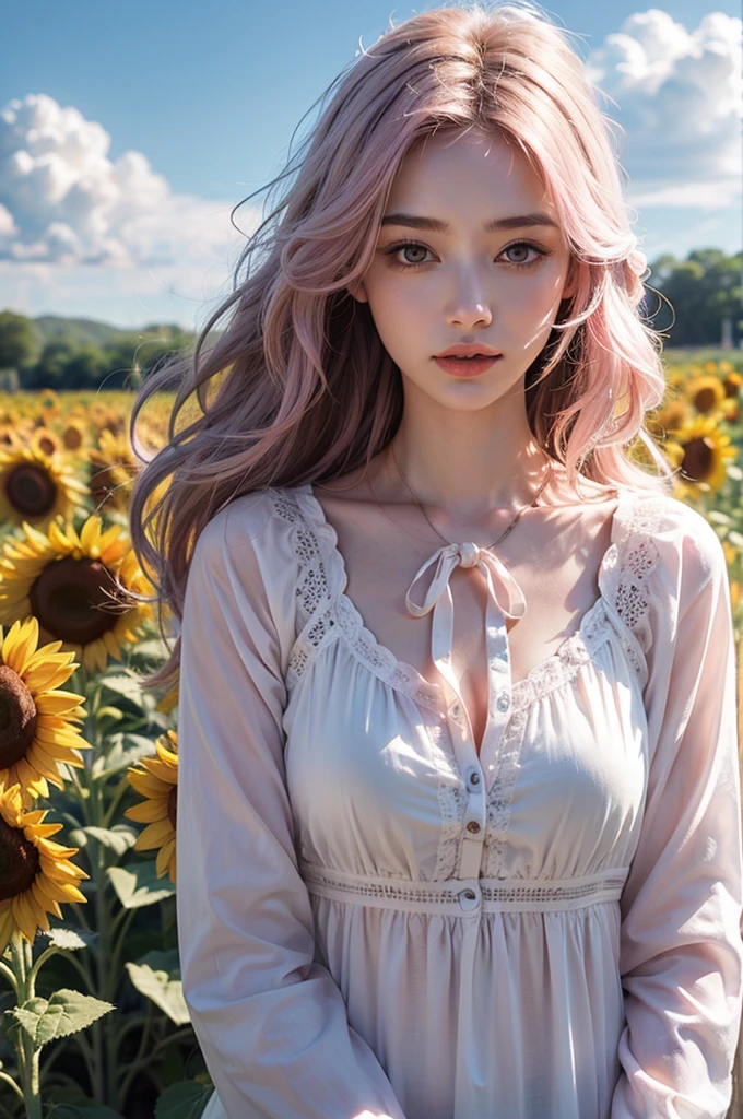 Light pink hair, Pink Eyes, Pink and white, Clouds in the blue sky, Vibrant colors, steampunk, blouse white、Paint splashes, Sunflower field, Wavy long hair、