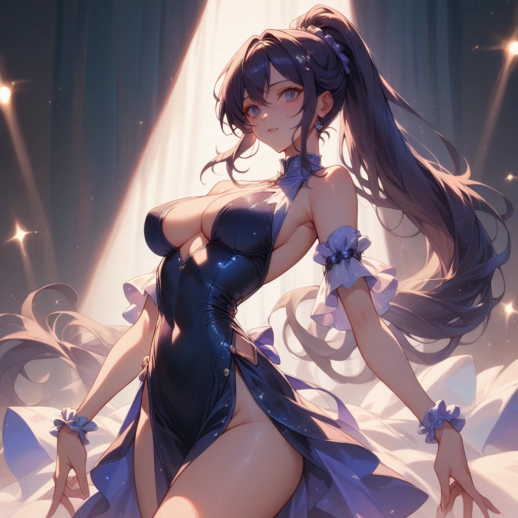 Idol Costumes、Dancing on stage、Waist-length hair tied in a high ponytail、Move the tick part to the side、Big breast beauty（Tall Woman, Slim figure, Firm breasts）、Estrus、