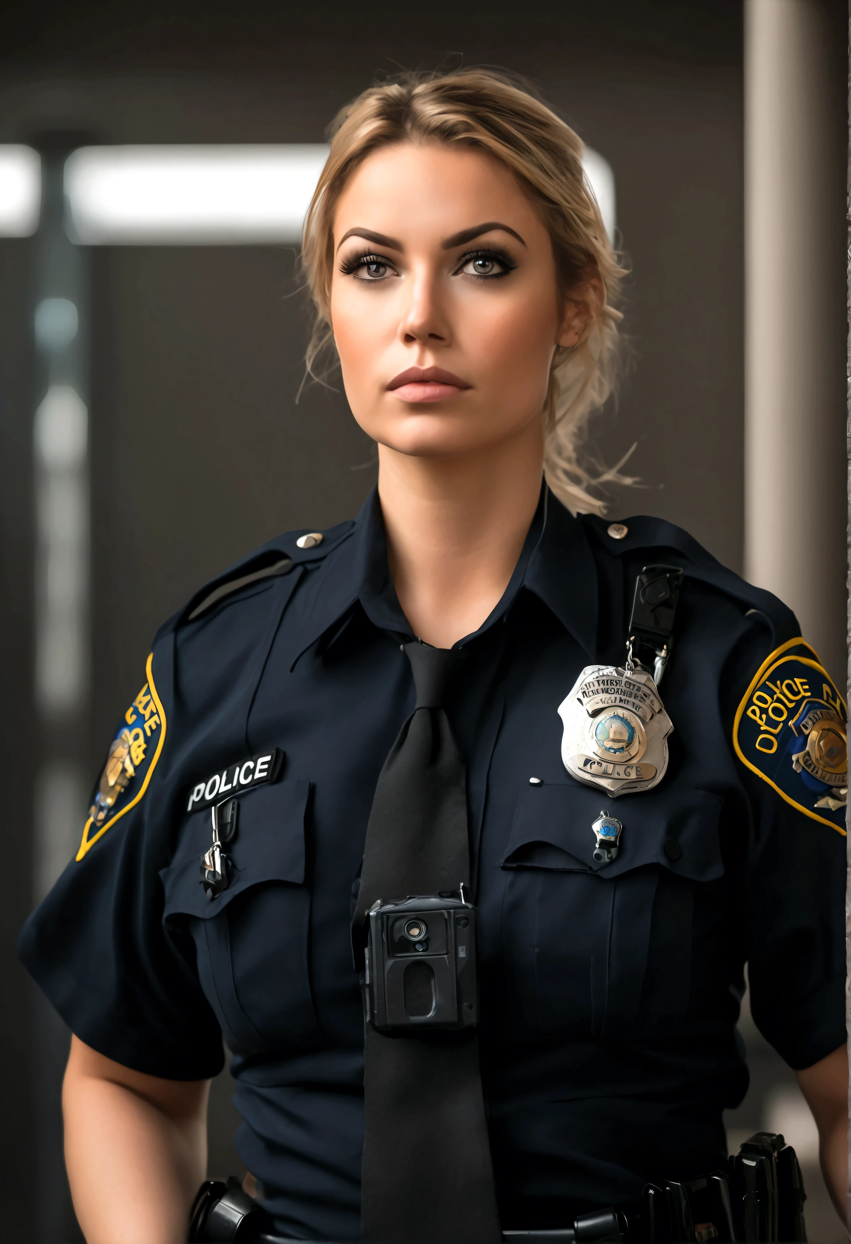 a fremale in a police uniform holding a cell phone, wearing a police uniform, police officer, police lights shine on her face, brave police j decker face, officer, bodycam, police uniform, full body camera shot, in black uniform, bodycam footage, sparkling-eyes, perfect-eyes, full-lips, perfect-lips, stunningly-beautiful, high-saturation, 35mm-raw-photo, dynamic-composition, intense-expressions, police officer hit, (brave police j decker), cop, police