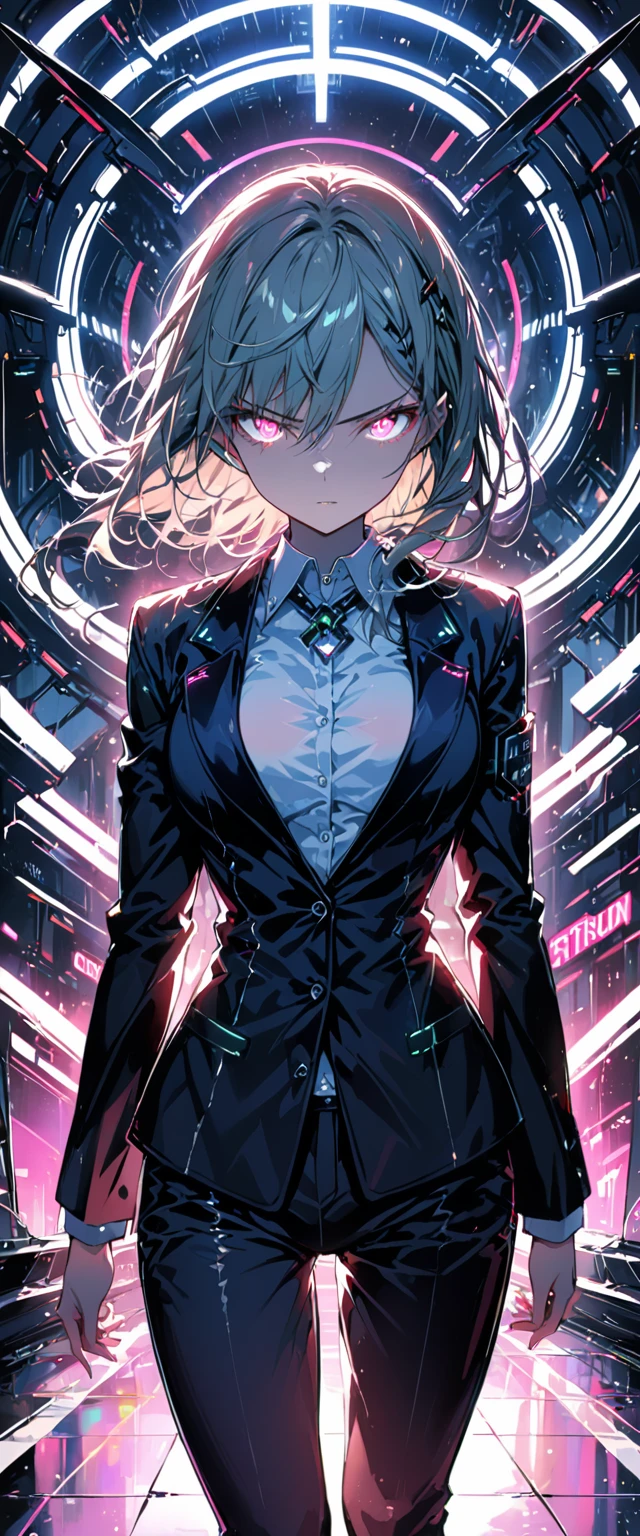 16K, High resolution, RTTX 10.0, Ray Tracing, Natural light, Absurd, Top quality masterpiece, Perfect anatomy and highly detailed face, Fine grain, One girl, alone, Wearing a business suit, shirt, Open the top button, Beautiful Hair, very beautiful, Edgy, nice, Evil Aura, the wind is strong, Glowing Eyes, Serious expression, dystopian city, Futuristic, Detailed Background, Awards, Neon Light, Talked about at the art station