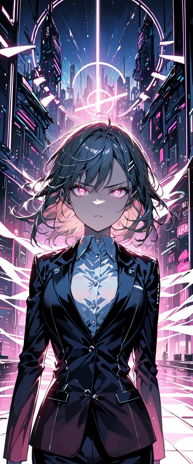 16K, High resolution, RTTX 10.0, Ray Tracing, Natural light, Absurd, Top quality masterpiece, Perfect anatomy and highly detailed face, Fine grain, One girl, alone, Wearing a business suit, shirt, Open the top button, Beautiful Hair, very beautiful, Edgy, nice, Evil Aura, the wind is strong, Glowing Eyes, Serious expression, dystopian city, Futuristic, Detailed Background, Awards, Neon Light, Talked about at the art station