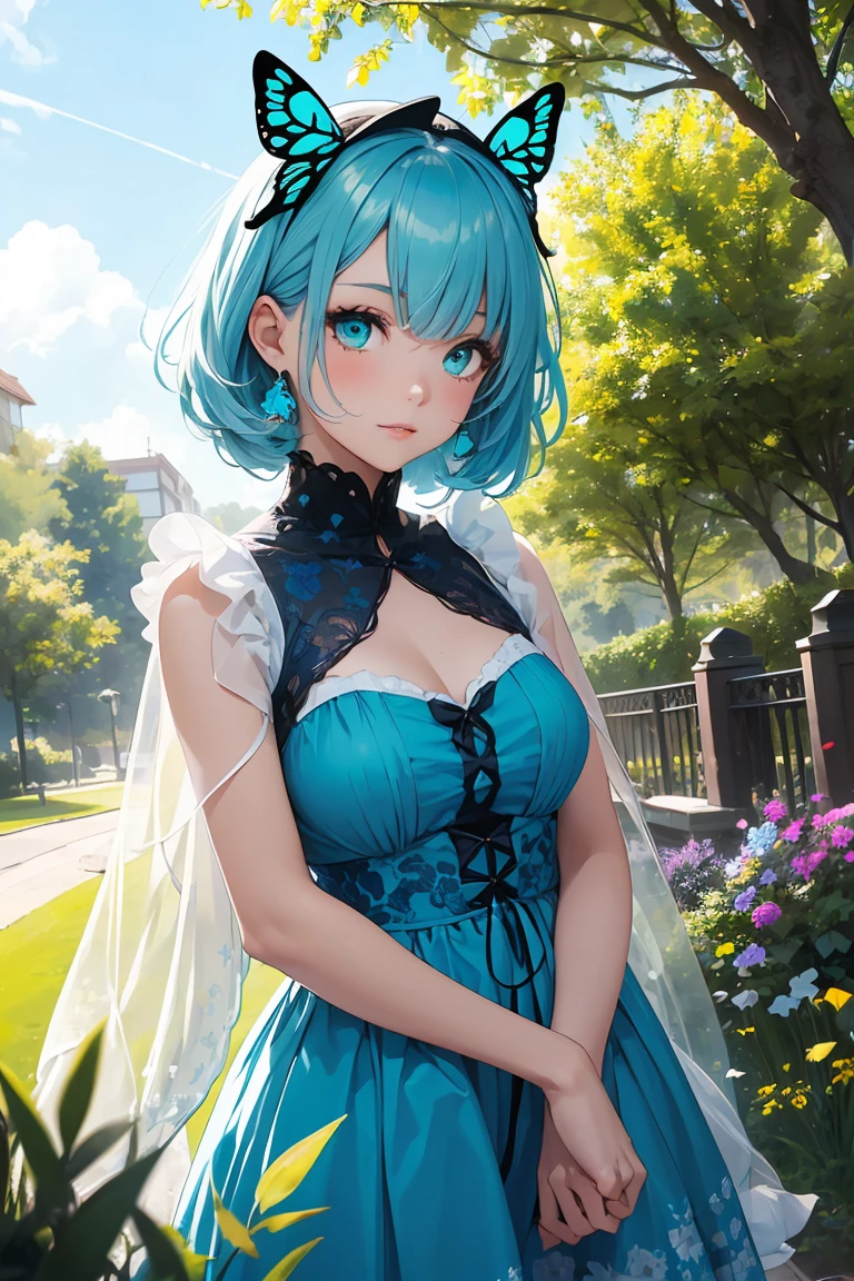 ((1 Girl)), Latest Fashion Trends, looks fun, (butterfly), Street fashion,Spring breeze,pastel colour,Florets,Swaying in the Wind,Soft material,Frills,sunlight,field,Country Style,Garden Party, Cowboy Shot,((Very detailed,Highest quality, High resolution, 8k wallpaper, Beautiful clothes,)),((Midnight Blue Hair, Twin Hair)), eye shadow, eyeliner, Very detailedな目, Clear Eyes, Beautiful Eyes, ((Sparkling turquoise eyes)), 18 year old girl