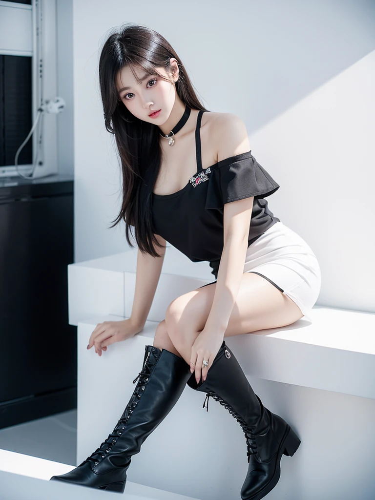 Beautiful woman wearing a black white mini dress with decorations on the shirt and visible shoulders and wearing boots and being photographed with a white background And was on the bridge , Korean style swag, beautiful face so gorgeous, Beautiful eyes, y2k style