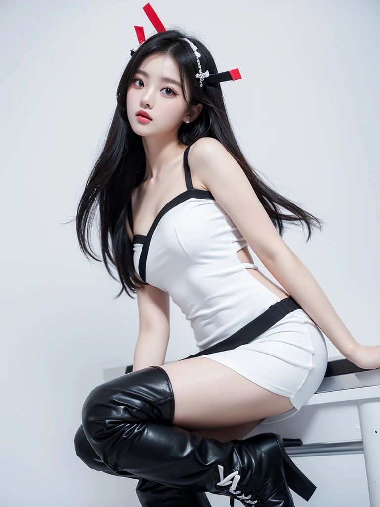 Beautiful woman wearing a black white mini dress with decorations on the shirt and visible shoulders and wearing boots and being photographed with a white background And was on the bridge , Korean style swag, beautiful face so gorgeous, Beautiful eyes, y2k style