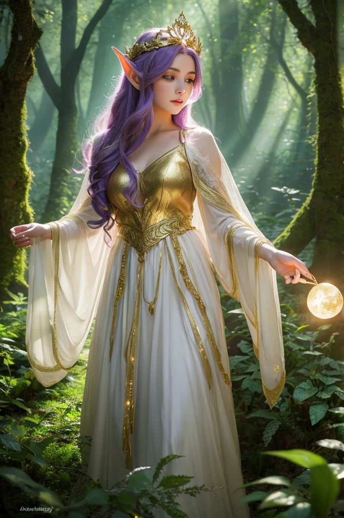 Create a fantasy illustration of an elf princess standing in a magical forest. She has long, flowing purple hair and pointed ears. She is wearing an elegant, white and gold dress with intricate details and a golden crown adorned with leaves. She holds a glowing orb with a mystical symbol in her hands. The forest background is lush and filled with soft, enchanting light filtering through the trees. The overall atmosphere should be mystical and serene, capturing the beauty and magic of the scene.
You can use this prompt with AI art generators like MidJourney, DALL-E, or Stable Diffusion to create a similar image.