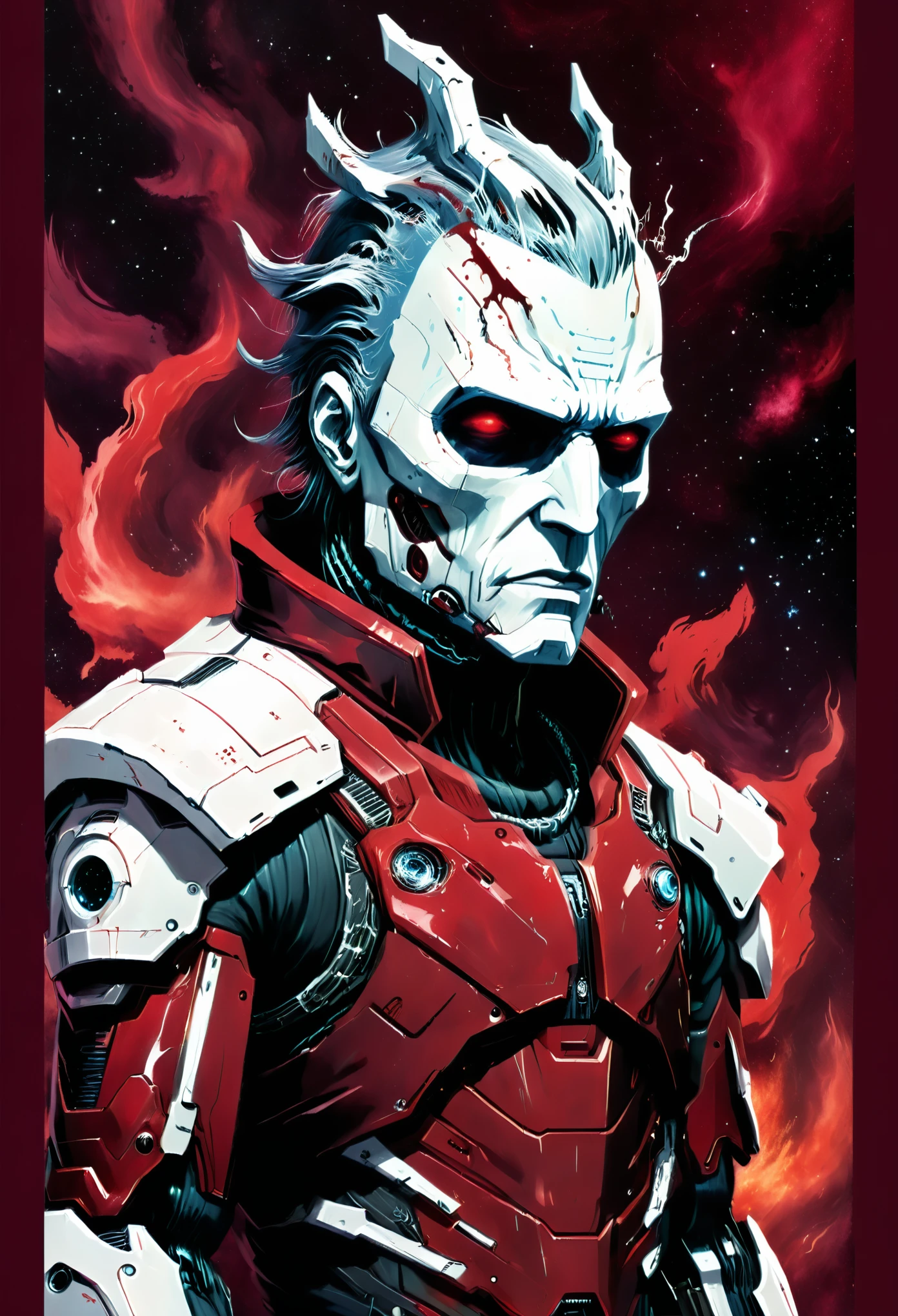 in style of Raymond Pettibon, character concept design, half body,Dark red background,Fantasy art, galaxies, [Cyberpunk]