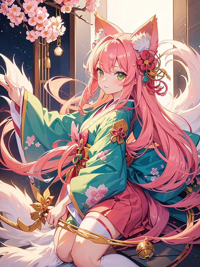 a little kitsune girl, long pink hair, green eyes, long kitsune ears, multiple pink tails, Wearing a Japanese kimono with a flower design, 