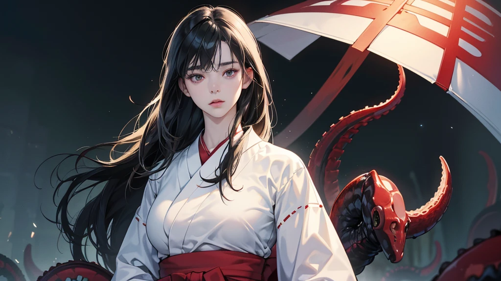 (perfect anatomy:1.2)(absurdres, highres, ultra detailed),masterpiece,best quality,high resolution,8K,Realistic face,Realistic skin texture,magnified textures, stunning clarity,(1 girl),detailed anime girl,japanese lowteen girl,ultra detailed eyes and face,(black hair),long hair,creepy swamp,mysterious eyes,midnight,(tentacles in the background:1.1),pale skin,Japanese shrine maiden, ,(white kimono),(red hakama) thin body type,big breasts,(expressionless:1.3),(from front:1.2),upper body,,Daytime,(look at viewer),standing:1.1