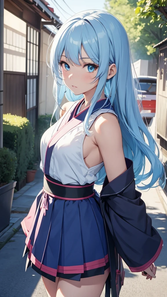 Anime School Girl, Wear a sexy outfit, Short kimono, Bare arms, Bare back, Bare shoulders, walking, Long Hair, Light blue hair, View the viewer, blue eyes