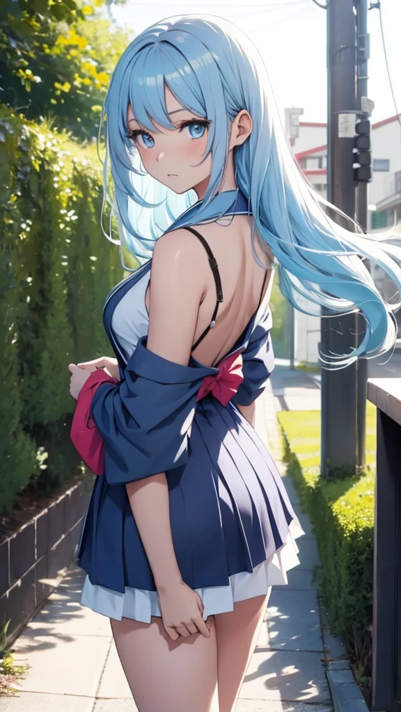 Anime  Girl, Wear a sexy outfit, Short kimono, Bare arms, Bare back, Bare shoulders, walking, Long Hair, Light blue hair, View the viewer, blue eyes