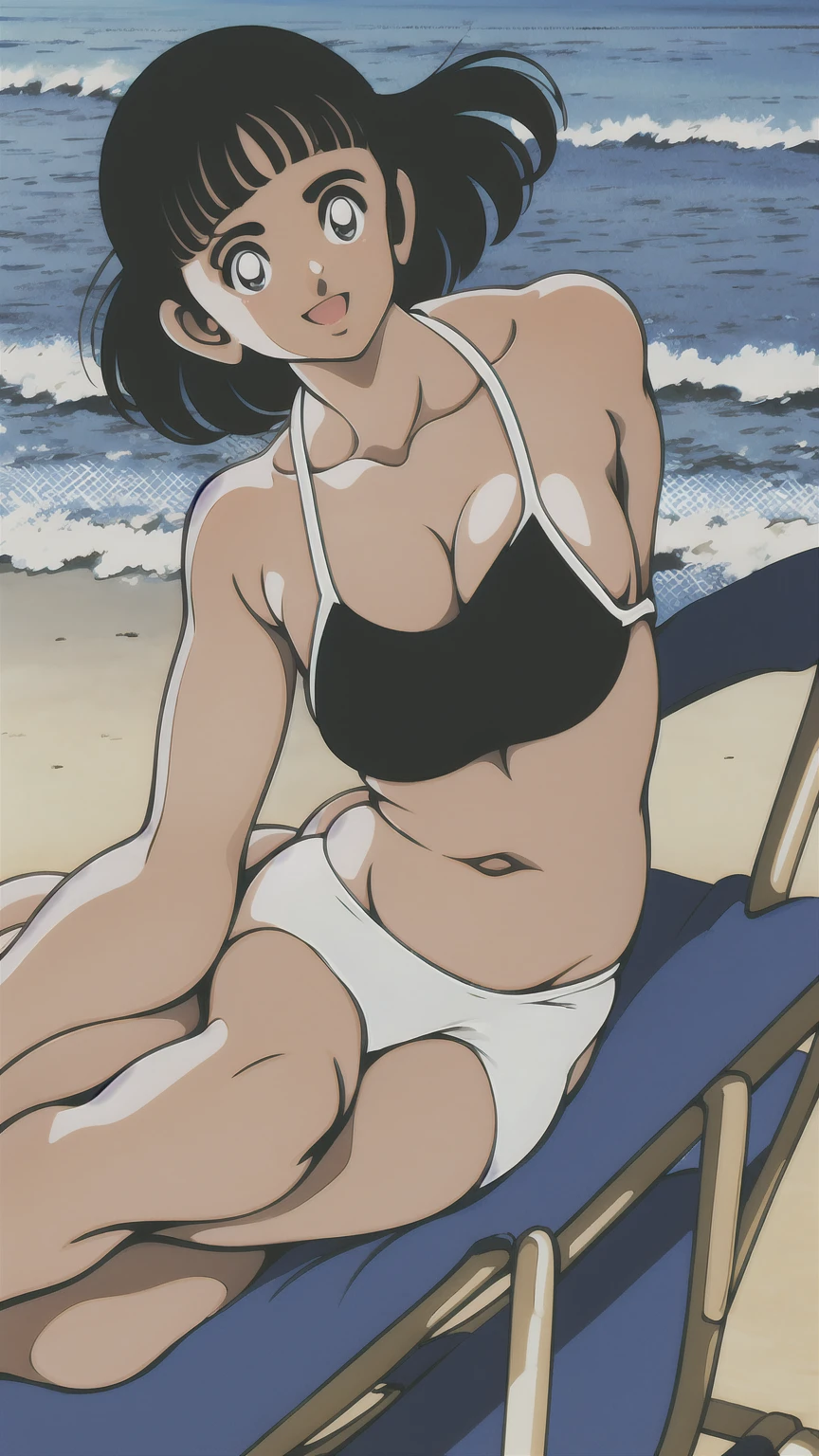 (((asakura minami:1.3))),((masterpiece)),((highest quality)),Super detailed,(thin entire outline),enlightenment,explicit,((1girl,solo)),black hair,medium hair,black eyes,small nose,perfect body,beautiful body,beautiful character design,perfect eyes,perfect face,pov,((happy smile)),small open mouth,(enjoy,having fun:1.2),entp,perspiration,wallpaper,ultra high resolution,8k,photo shoot,(beautiful large breast:1.2),beautiful legs,perfect feet,beautiful skin,fair skin,smooth skin,official style,official art,make a screen cap,outdoor,(summer beach),sunshine,bright lighting,white bikini,(super micro bikinis:1.2),protruding nipples,((beach chair)),spread legs,(peace sign:1.2),