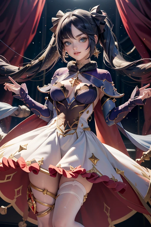 Mona_(genshin impact), ornament hair, perfectly body, perfectly hands, wave hair, black hair, long hair, twintails, on stage, stage scenery, red roses on focus, gold lantern, navy dress, more details on her clothes, white dress with transparency, golden details, night, smiling, cape,ornament hair, long hair, 1 girl, Looking at the audience, flowing hair, Beautiful Eyes, Plump and glossy lips, Idol, dress with too many frills, white dress, navy laces, white Short skirt, Drape clothes, navy gem, Lace trim, bright stage, luxury gold details, gold jewelry, more details, best quality, Big sparkling eyes, blushing, Striped Lace Stockings, white skirt, sparkle, solo, centered girl, cowboy shot, perfectly body, perfectly hands, two arms, two legs, two hands, five fingers, perfect anatomy, glowing hair, 1girl, dress, solo, flowing hair, floating hair, ornament hair, perfectly body, perfectly hands, on the stage, sparkles, more details on her clothes, dress with transparency, golden details on her dress, night, holding a microphone, ((4k, masterpiece, top-quality)),8k, best quality, high resolution, HD, (illustration:0.8), super cute girl, delicate and beautiful face, mature super cute hairstyle, (beautiful detailed eyes:1.6), extremely detailed face, perfect lighting, extremely detailed CG, (perfect hands, perfect anatomy), Best quality, cleavage, smt, full Body, two arms, two legs, two hands, five fingers