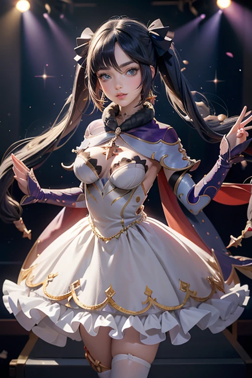 Mona_(genshin impact), ornament hair, perfectly body, perfectly hands, wave hair, black hair, long hair, twintails, on stage, stage scenery, red roses on focus, gold lantern, navy dress, more details on her clothes, white dress with transparency, golden details, night, smiling, cape,ornament hair, long hair, 1 girl, Looking at the audience, flowing hair, Beautiful Eyes, Plump and glossy lips, Idol, dress with too many frills, white dress, navy laces, white Short skirt, Drape clothes, navy gem, Lace trim, bright stage, luxury gold details, gold jewelry, more details, best quality, Big sparkling eyes, blushing, Striped Lace Stockings, white ta skirt, sparkle, solo, centered girl, cowboy shot, perfectly body, perfectly hands, two arms, two legs, two hands, five fingers, perfect anatomy, glowing hair, 1girl, dress, solo, flowing hair, floating hair, ornament hair, perfectly body, perfectly hands, on the stage, sparkles, more details on her clothes, dress with transparency, golden details on her dress, night, holding a microphone, ((4k, masterpiece, top-quality)),8k, best quality, high resolution, HD, (illustration:0.8), super cute girl, delicate and beautiful face, mature girl, super cute hairstyle, (beautiful detailed eyes:1.6), extremely detailed face, perfect lighting, extremely detailed CG, (perfect hands, perfect anatomy), Best quality, cleavage, small skirt, full Body, two arms, two legs, two hands, five fingers