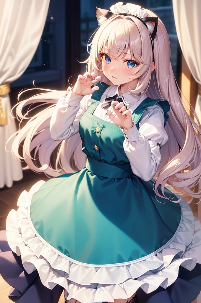 masterpiece, best quality,1girl, solo,whtie hair,medium hair,blue eyes,long sleeves,juliet sleeves,apron,maid,maid headdress,puffy sleeves,green dress,vest,buttons, white thighhighs,standing, looking at viewer, nose blush,