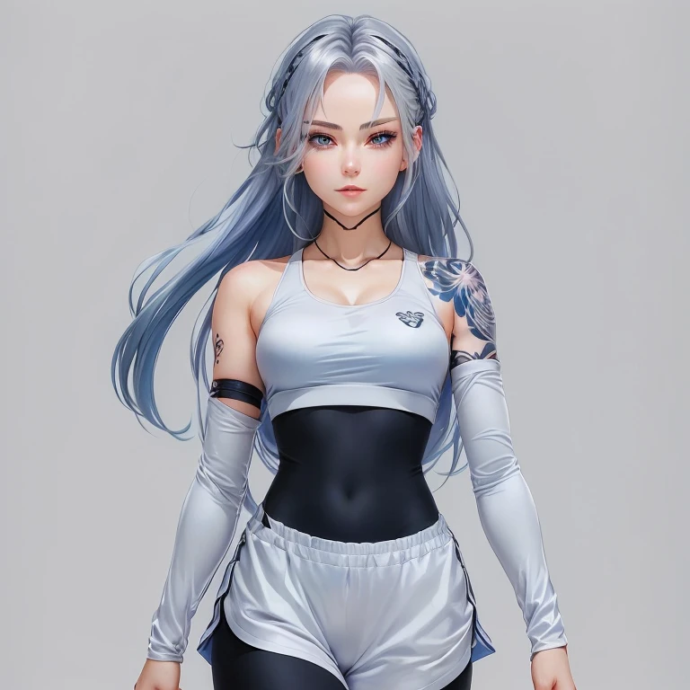 Adult anime woman with silver hair, 1 elegant and subtle tattoo, female character anime art style. A detailed portrait, with light blue eyes, a woman's body, smooth and soft skin, athletic and artistic, high quality