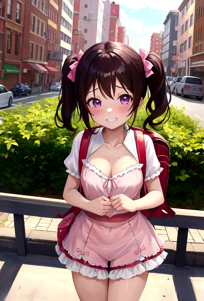 masterpiece, Highest quality, Nico_Yazawa,High resolution, 1 Girl, alone, Brown Hair, short hair, Twin tails、Purple eyes, Cowboy Shot, Frill dress, , Pink Dress, (Cleavage)、(Beautiful thighs)、city, Outdoor, garden, Carrying a red backpack, (randoseru backpack:1.2) Sweaty、Thick thighs、Highest quality、4K、1girl, 8years old, loli, cute, grin, 、Skirt lift striped underwear、In the city、Many passersby are surrounding the girl.、、Thick thighs、Mesgaquismiles、A man masturbating his penis surrounded by girls、Semen from the penis、Bukkake、Bukkake、（Bukkake）