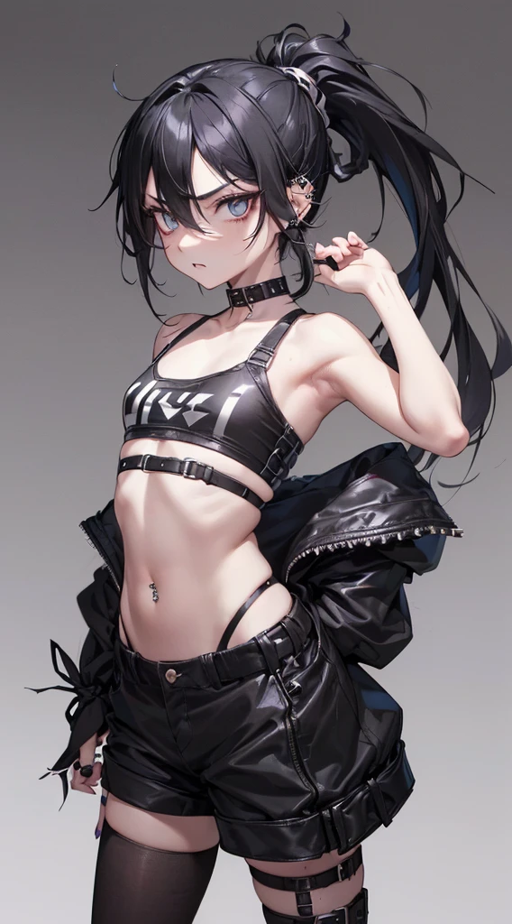 Black long pony tail light blue eyes wearing black crop top black skirt black socks and no shoes hands are tied with ropes on thw back legs are also tied with ropes