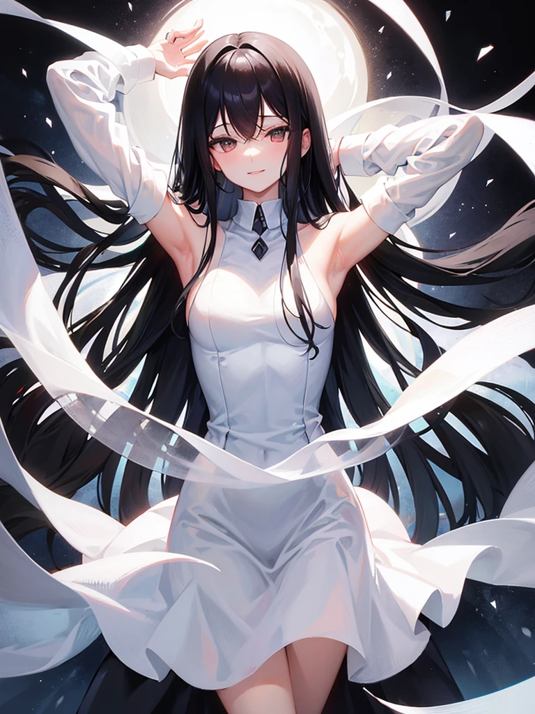 Long black hair　White sexy dress　Raising his arms to show his armpits　smile

