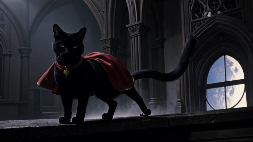 a black cat, red cape, amulet collar, chases after rat in a gothic mansion, high detail, atmospheric, 1980s anime screen caps