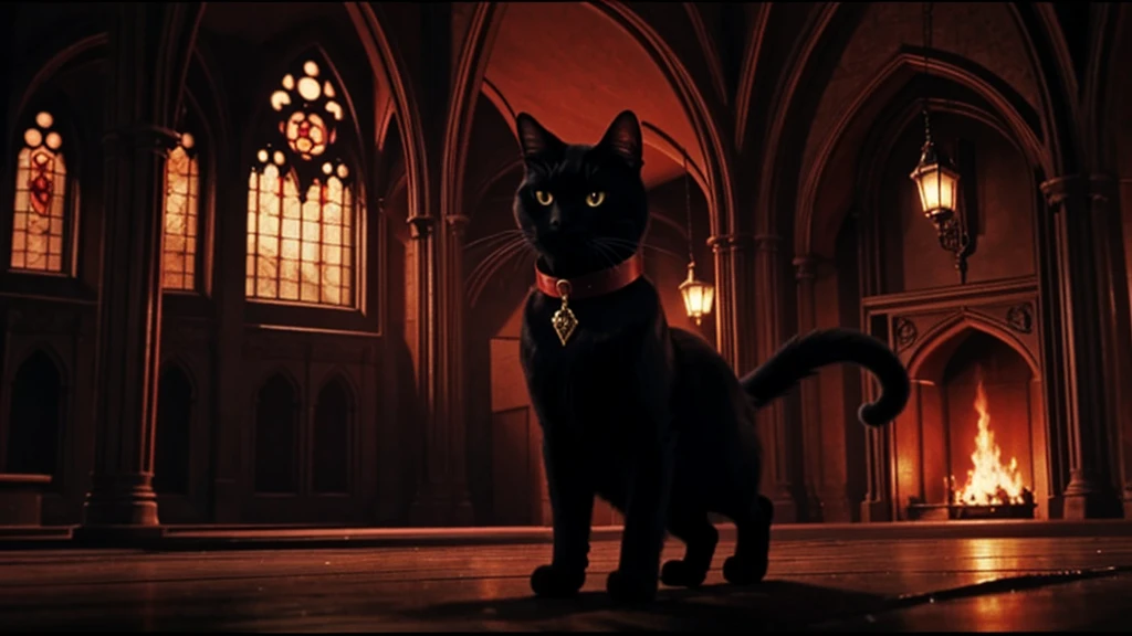 a black cat, red cape, amulet collar, chases after rat in a gothic mansion, high detail, atmospheric, 1980s anime screen caps