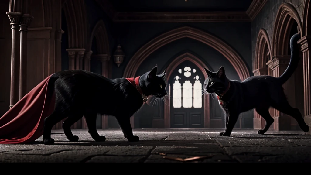 a black cat, red cape, amulet collar, chases after rat in a gothic mansion, high detail, atmospheric, 1980s anime screen caps 