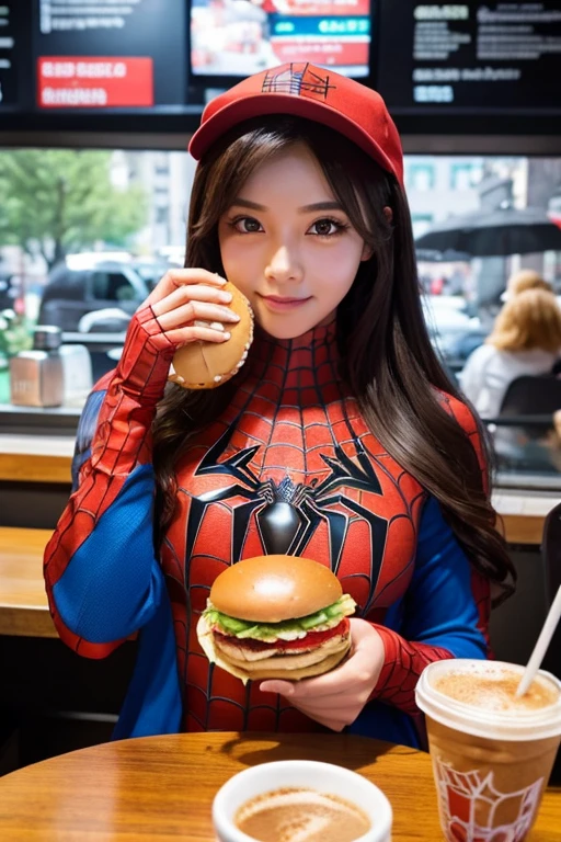 A beautiful girl transformed into Spiderman is holding a burger in a coffee shop