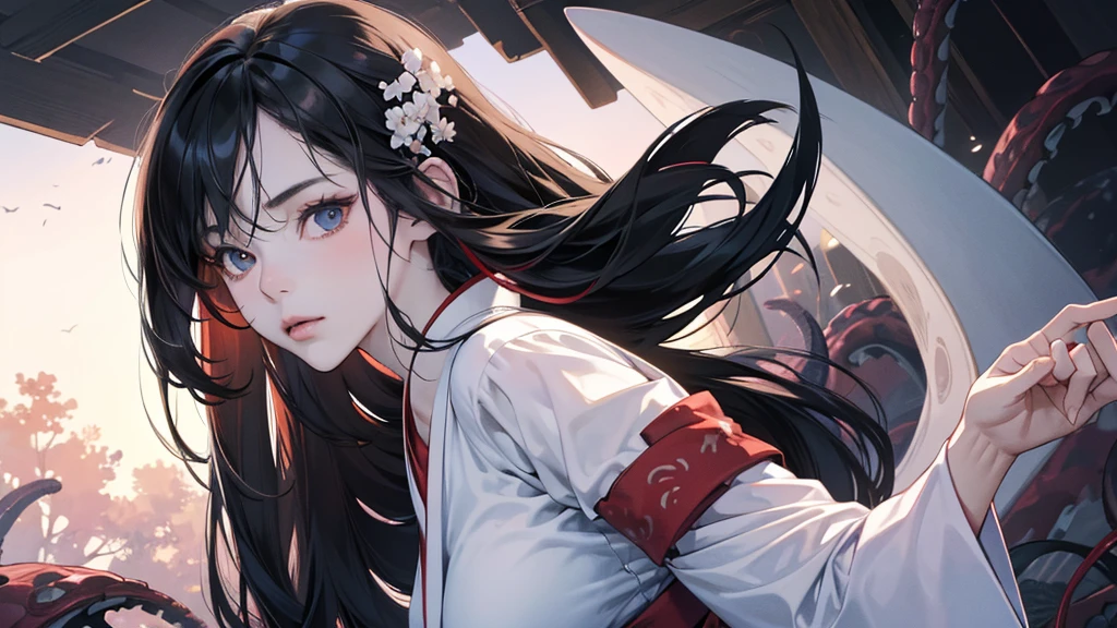 (perfect anatomy:1.2)(absurdres, highres, ultra detailed),masterpiece,best quality,high resolution,8K,Realistic face,Realistic skin texture,magnified textures, stunning clarity,(1 girl),detailed anime girl,japanese lowteen girl,ultra detailed eyes and face,(black hair),long hair,creepy swamp,mysterious eyes,midnight,(tentacles in the background:1.1),pale skin,Japanese shrine maiden, ,(white kimono),(red hakama) thin body type,big breasts,(expressionless:1.3),(from front:1.2),upper body,,(Daytime),(look at viewer),standing:1.1