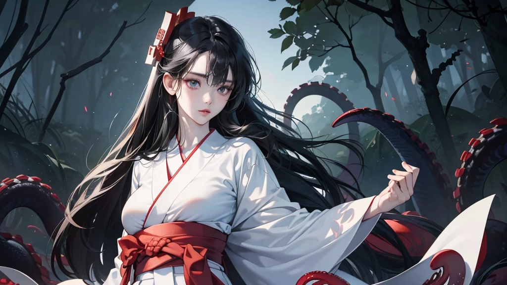 (perfect anatomy:1.2)(absurdres, highres, ultra detailed),masterpiece,best quality,high resolution,8K,Realistic face,Realistic skin texture,magnified textures, stunning clarity,(1 girl),detailed anime girl,japanese lowteen girl,ultra detailed eyes and face,(black hair),long hair,creepy swamp,mysterious eyes,midnight,(tentacles in the background:1.2),pale skin,Japanese shrine maiden, ,(white kimono),(red hakama) thin body type,big breasts,(expressionless:1.2),(from front),upper body,,Daytime,look at viewer