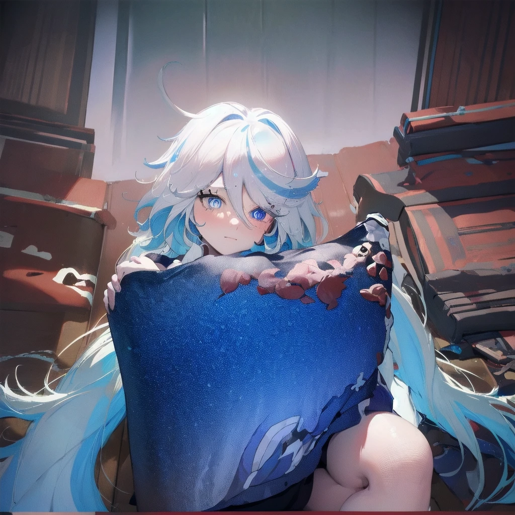 masterpiece, best quality, Delicate face, Heterochromia of the Eyes,Perfect hands, flat chest, HD, best quality, (Looking at the audience, Sleepy), ((1 Girl)),Cowboy shooting,thigh, Forrina,short hair,((Gradient hair)),Colorful eyes, Gradient eyes, (Fashion Makeup), blush, Messy hair, White shirt, Off-shoulder, Nude shirt, No pants, lie, bare arm, shorts, Bare legs, bedroom