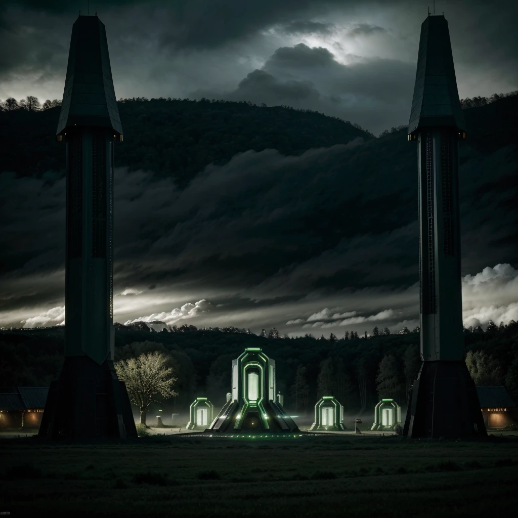 Scene of a futuristic village in a forest on a sci fi planet lot of details,cloudy day, dark cinematic lights cinematic lights best quality,4k,8k,highres, t Dark and green landscapeatmosphere that conveys sadness, 8k, ultra realistic, dramatic lighting.