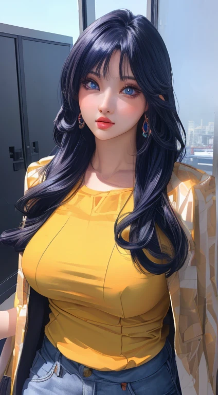 Complex 3D rendering of ultra-detailed beautiful porcelain contoured female face, , Integrated Circuit Parts, 150 mm, Beautiful studio soft lighting, rim Light, Vivid details, Luxury Cyberpunk, Lace, hyperactual, anatomy,((Full and soft breasts,)))(((Large Breasts))) (((Cleavage)))Anime girl with long hair and yellow top poses in front of the window, Smooth anime CG art, Realistic anime 3D 风格, Realistic anime艺术风格, Digital Anime Illustration, Charming anime girl, Artwork in the style of Guweiz, Realistic anime, Realistic anime girl render, Detailed digital anime art, Attractive anime girl, [ 4k digital art ]!!