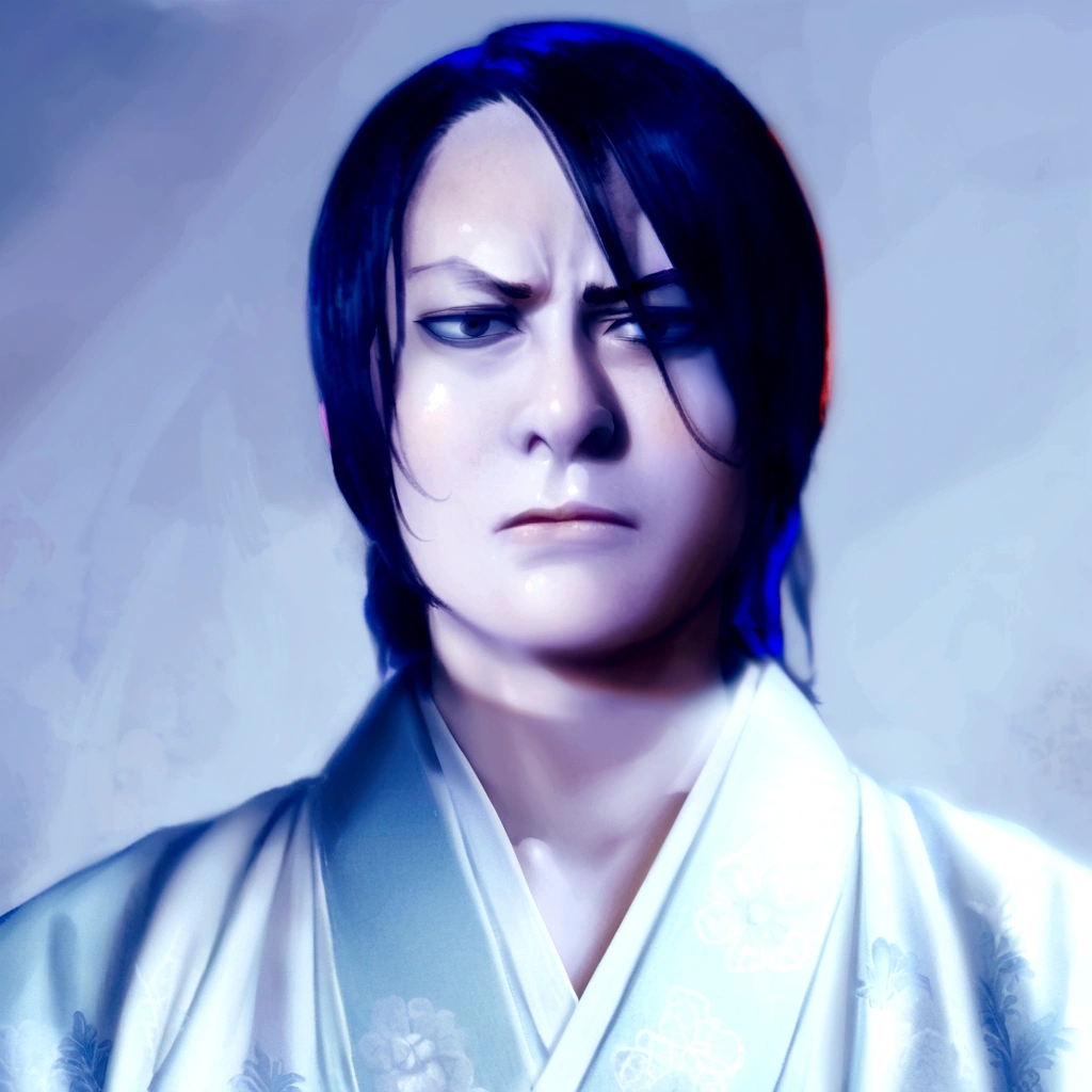 Beautiful androgynous man,black hair,Put out the forehead,White and pale Blue kimono、pale skin, slanted eyes，bigger eyes,sanpaku, half-closed eyes,slanted eyebrows,hooked nose,little angry,thin eyebrows,Atsushi Sakurai