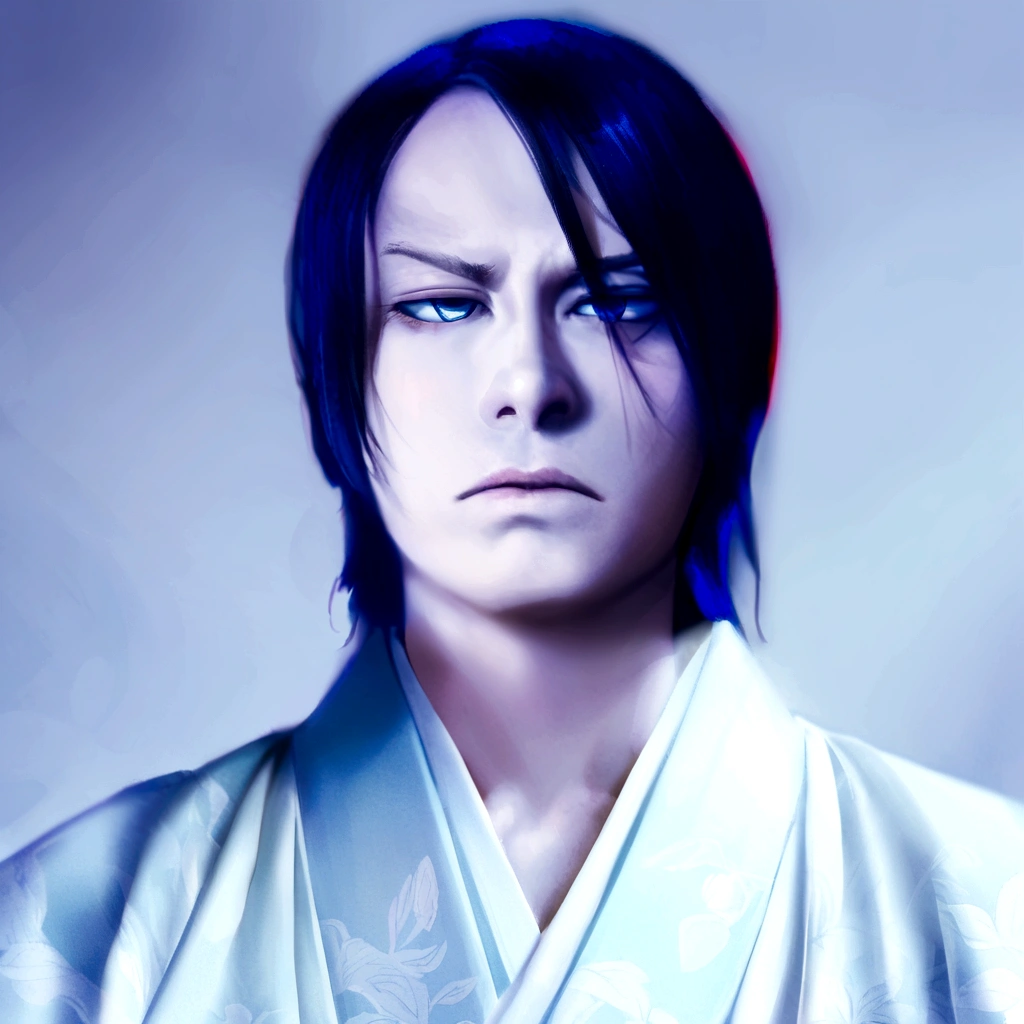 Beautiful androgynous man,black hair,Put out the forehead,White and pale Blue kimono、pale skin, slanted eyes,bigger eyes,sanpaku, half-closed eyes,slanted eyebrows,hooked nose,little angry,thin eyebrows,Atsushi Sakurai