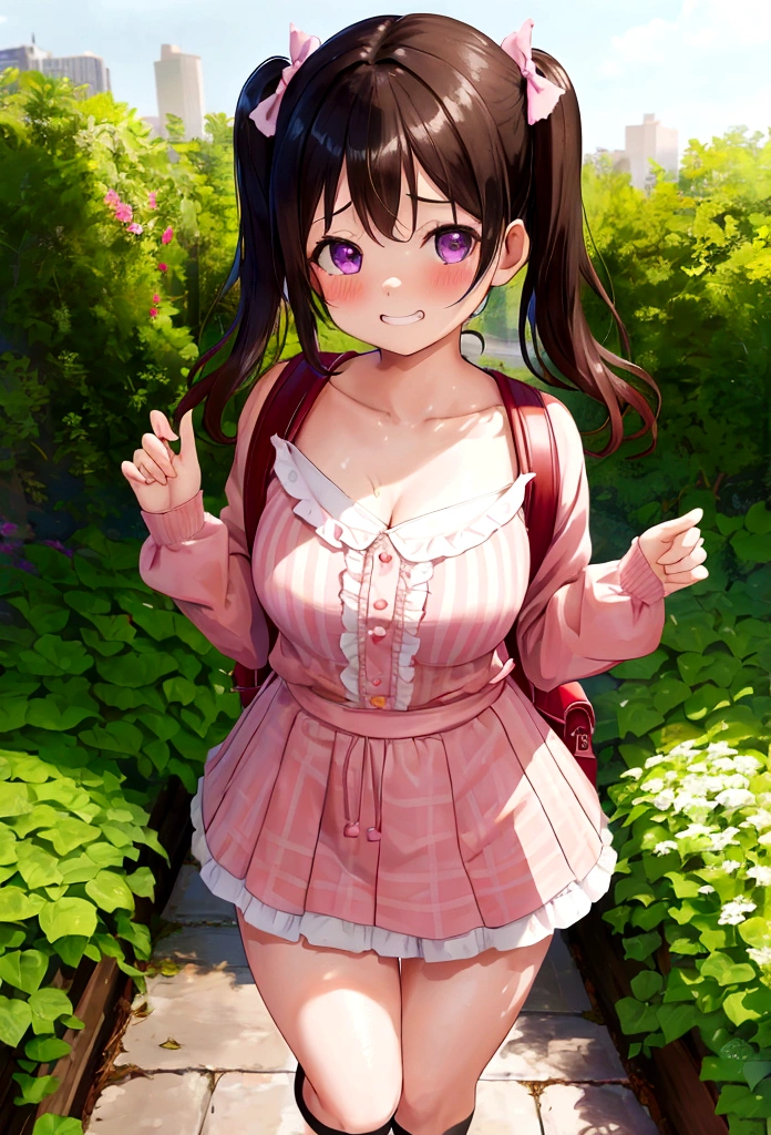 masterpiece, Highest quality, Nico_Yazawa,High resolution, 1 Girl, alone, Brown Hair, short hair, Twin tails、Purple eyes, Cowboy Shot, Frill dress, , Pink Dress, (Cleavage)、(Beautiful thighs)、city, Outdoor, garden, Carrying a red backpack, (randoseru backpack:1.2) Sweaty、Thick thighs、Highest quality、4K、1girl, 8**ars old, **li, cute, grin, 、Skirt lift striped underwear、In the city、Many passersby are surrounding the girl.、、Thick thighs、Mesgaquismileen holding their penises and surrounding girls、Semen from the penis、Bukkake、Bukkake、（Bukkake）