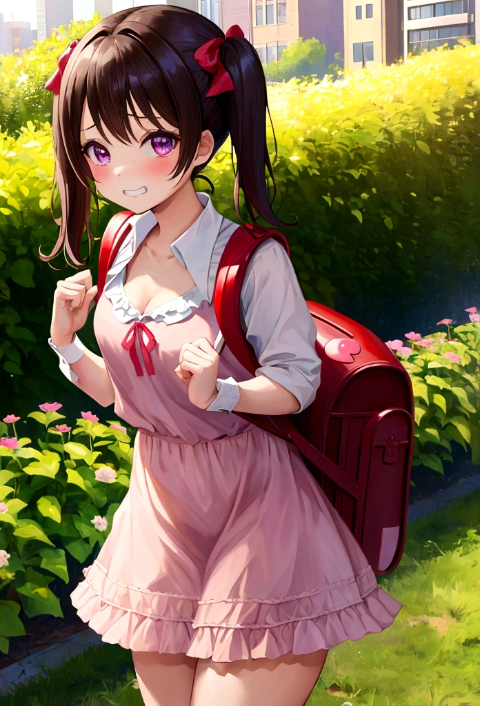 masterpiece, Highest quality, Nico_Yazawa,High resolution, 1 Girl, alone, Brown Hair, short hair, Twin tails、Purple eyes, Cowboy Shot, Frill dress, , Pink Dress, (Cleavage)、(Beautiful thighs)、city, Outdoor, garden, Carrying a red backpack, (randoseru backpack:1.2) Sweaty、Thick thighs、Highest quality、4K、1girl, 8ars old, lo, cute, grin, 、Skirt lift striped underwear、In the city、Many passersby are surrounding the girl.、、Thick thighs、Mesgaquismileen holding their penises and surrounding girls、Semen from the penis、Bukkake、Bukkake、（Bukkake）