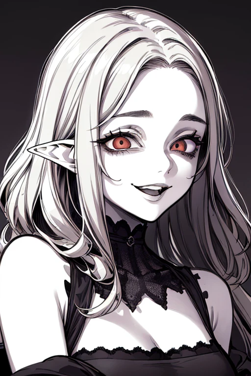 Highest quality, (Background details), High Contrast, One very beautiful woman, Detailed original illustrations、White sundress、Functional、Delicate face、Platinum Blonde Hair、Alluring、Villainess、sexy、Real breasts、Crazy Smile, Crazy Eyes, Elf, Head close-up, Black Robe, Black background, (Black background: 1.5), Beautiful line drawing、Monochrome