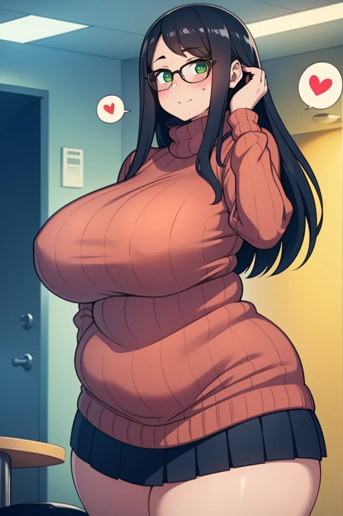 ((Masterpiece)), perfect anatomy, perfect shading, field of depth, (best quality), extremely delicate and beautiful, perfect lighting, detailed face, ultra cute face, cute, ((1girl)), ((solo))

long fluffy black hair, glasses, green eyes, ((blush)), nervous, spoken heart, looking at viewer, sweater, short skirt, large breasts, ((thick thighs)), (wide hips), ((plump)),

intricate background, detailed background, fast food restaurant,
