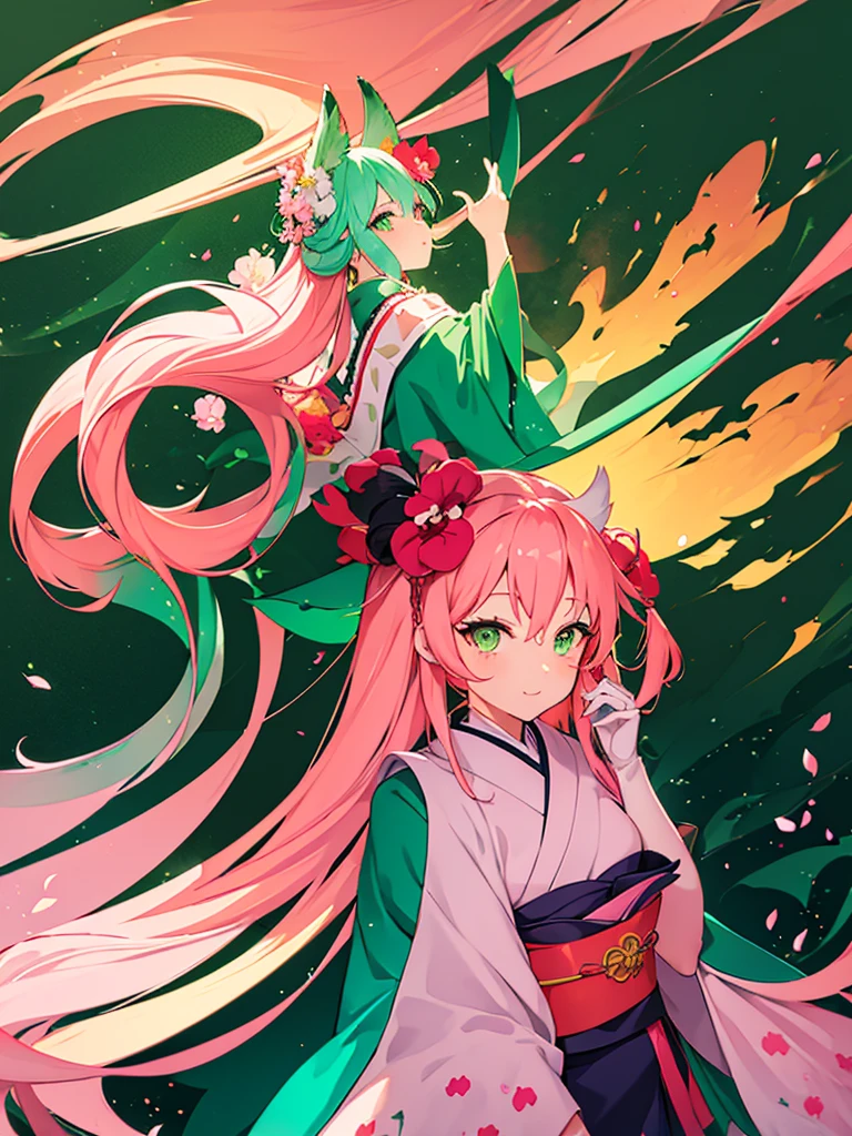 a little kitsune girl, long pink hair, green eyes, long kitsune ears, multiple pink tails, Wearing a Japanese kimono with a flower design, 