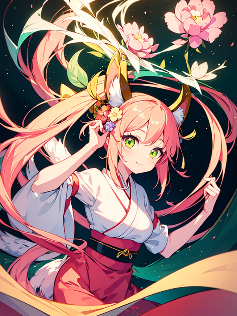 a  kitsune girl, long pink hair, green eyes, long kitsune ears, multiple pink tails, Wearing a Japanese kimono with a flower design, 