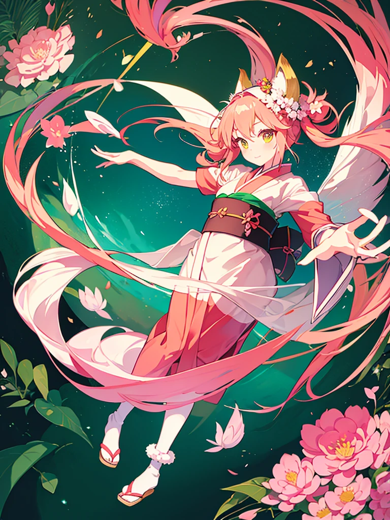 a little kitsune girl, long pink hair, green eyes, long kitsune ears, multiple pink tails, Wearing a Japanese kimono with a flower design, 