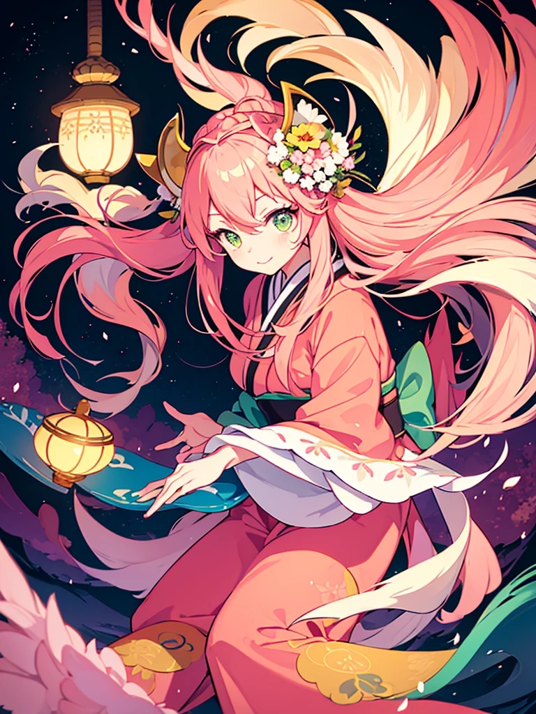 a little kitsune girl, long pink hair, green eyes, long kitsune ears, multiple pink tails, Wearing a Japanese kimono with a flower design, 