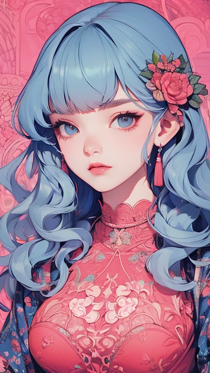 (masterpiece, best quality), beautiful woman, wavy hair, assymetrical bangs, intricate lace lingerie, perfect face, beautiful face, alluring, big gorgeous eyes, huge breasts, smile, perfect body, luxury bedroom, bright colors, (risograph)