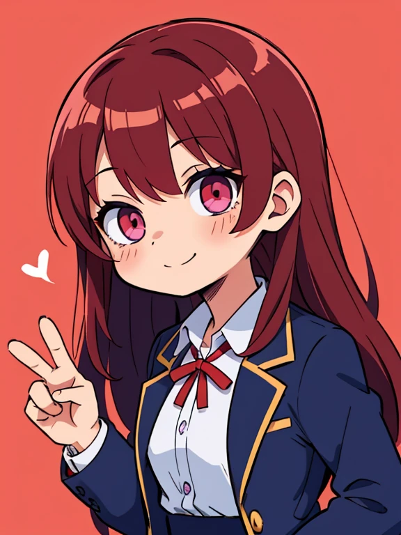 chibi character、chibi, best smile、highest quality,masterpiece,Simple pastel red background,1 girl, Brown hair long hair、Navy blue blazer  with red ribbon、Reddish-purple eyes、