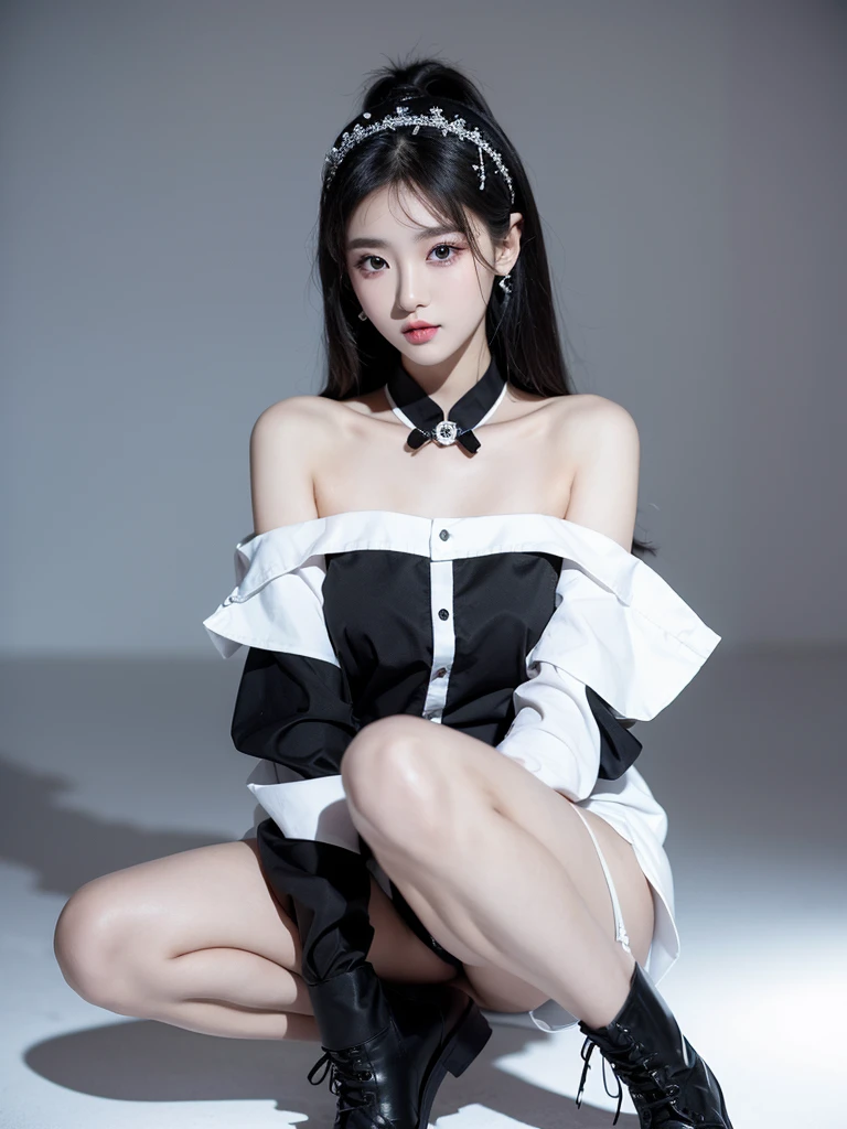 Beautiful woman wearing a black white mini dress with decorations on the shirt and visible shoulders and wearing boots and being photographed with a white background And was on the bridge , Korean style swag, beautiful face so gorgeous, Beautiful eyes, y2k style
