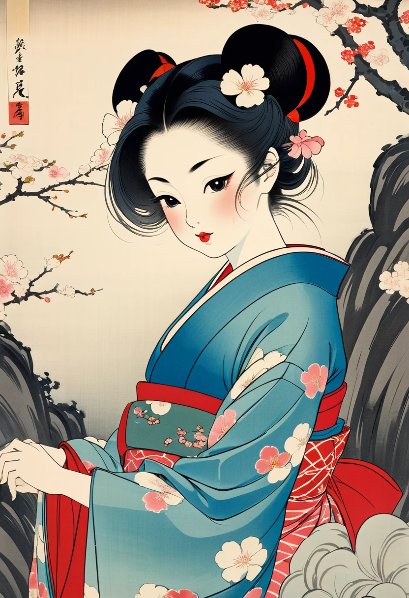 (Ito Shinsui style:1.2) , Hallucination, daydream , nightmare , Insane Dream , bokeh , erotica , romance , realistic mouse nymph and realistic cat , Women's hakama from the Meiji period , Petals fluttering down , Single eyelids, round nose, swollen cheeks , glossy lips , Collarbone , Hair blowing in the wind , Meiji period , Scapula