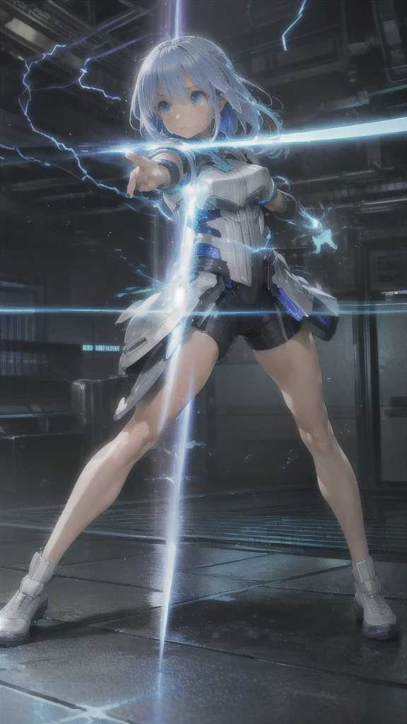 real、Lightning aura、Lightning Energy、Fighting Pose、Blue Hair、cyber punk、Thunder in the background、whole body