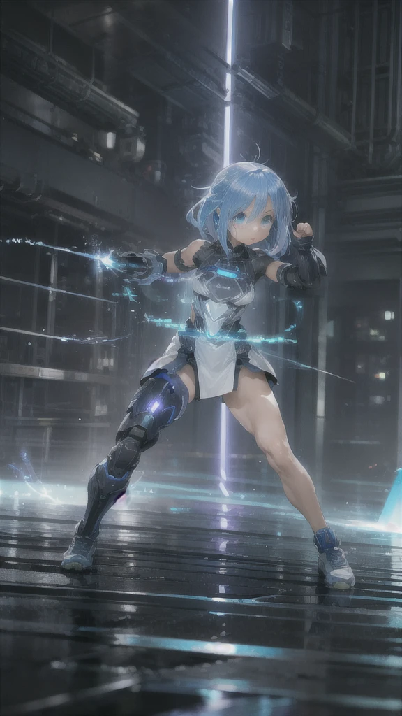 real、Lightning aura、Lightning Energy、Fighting Pose、Blue Hair、cyber punk、Thunder in the background、whole body