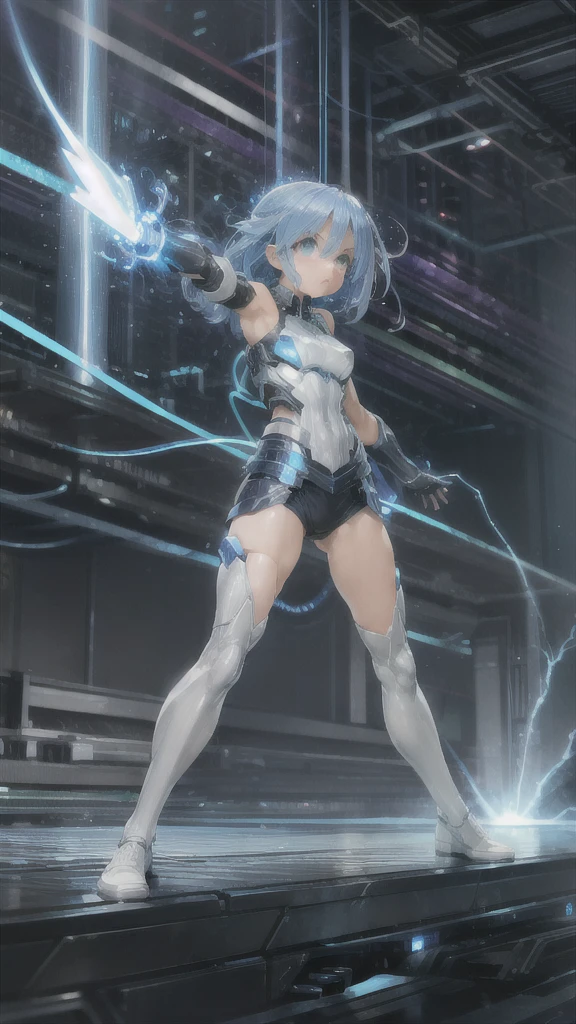 real、Lightning aura、Lightning Energy、Fighting Pose、Blue Hair、cyber punk、Thunder in the background、whole body