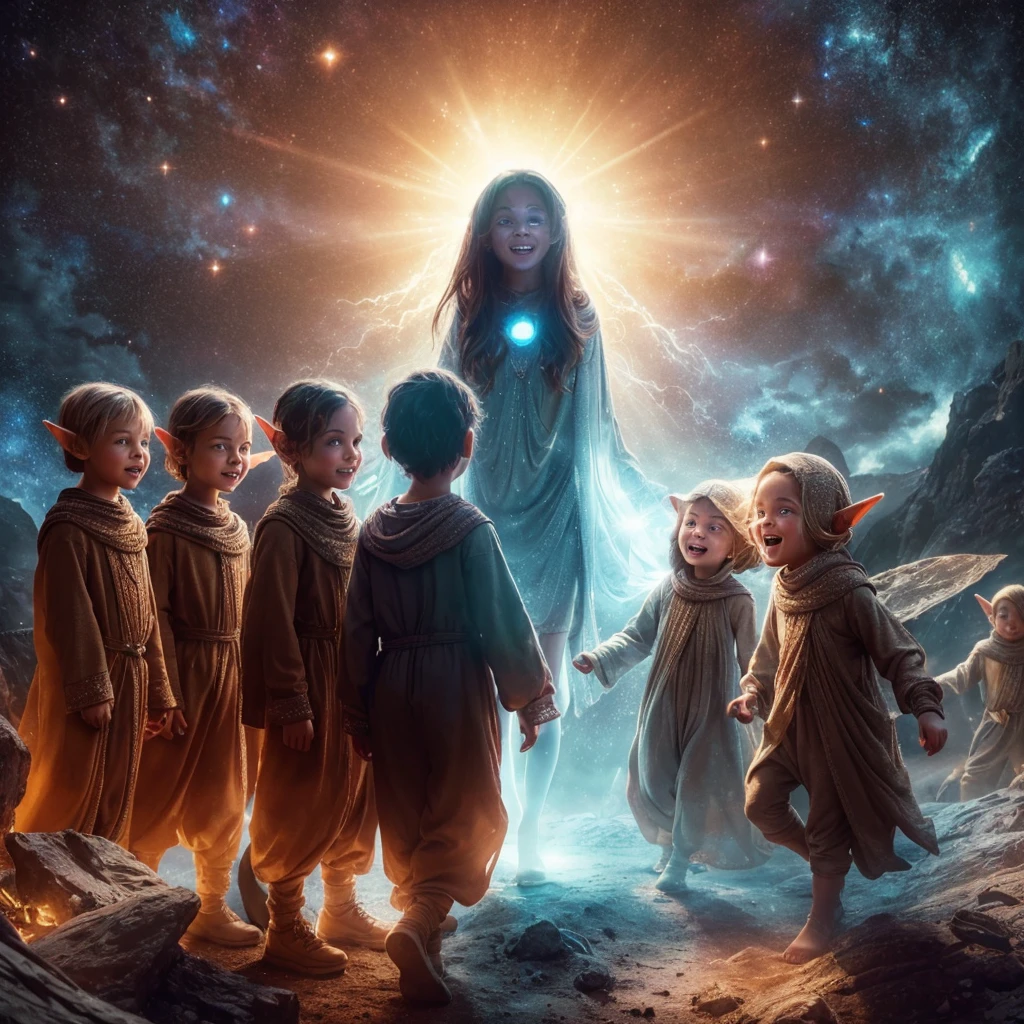 Complete and real image. On a planet in another galaxy there are 3 beautiful elves resembling children, dressed in very baggy clothes, they laugh mischievously and curiously, observing a dark-skinned woman who is standing fearfully in front of them and radiating white light. Photorealism, full view, very detailed image, very realistic, hyperrealism, Ultra HD, 8k, 5, sharp focus, intricate and mysterious masterpiece.(Long exposure photography Highly detailed close-up portrait art illustration: final quality, medium shot, backlit, rich and striking. Enigmatic and mysterious manipulations (rule of thirds composition), ((detailed environment with strong lines) The best quality, in camera, white light, warm and clean aesthetics, dazzling screen composed of millions of bright ultraviolet rays, HDR.